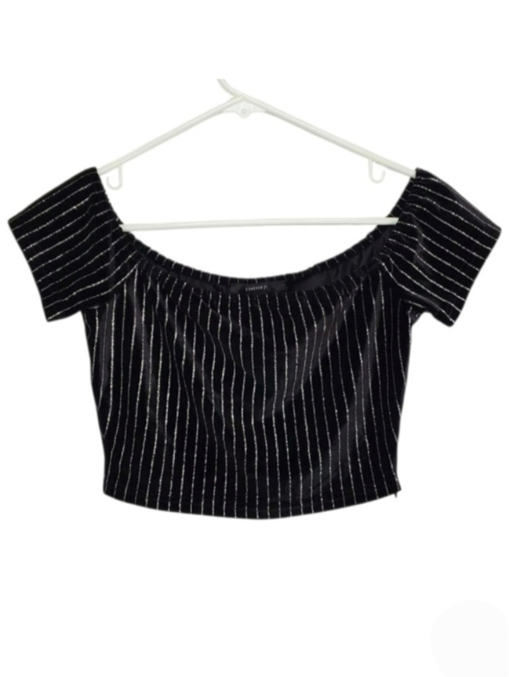 2494 * Forever 21 Velvet Striped Off The Shoulder Crop Top Black Silver Size S